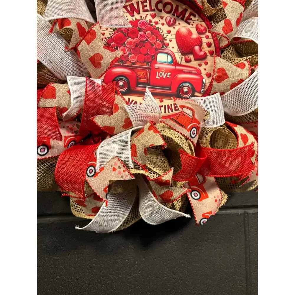 Valentines Day Wreath, Rustic, Farmhouse, Red Truck, Handmade 22 In Burlap